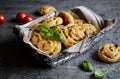 Vegetarian bread rolls filled with sun - dried tomato, green onion and Mozzarella Royalty Free Stock Photo