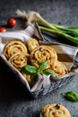 Vegetarian bread rolls filled with sun - dried tomato, green onion and Mozzarella Royalty Free Stock Photo