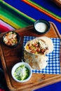 Vegetarian breakfast burrito with eggs and rice, sauces Royalty Free Stock Photo