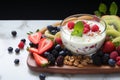 Vegetarian breakfast Oat granola, yogurt, fruits, nuts on wooden board