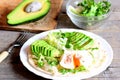 Vegetarian breakfast with a poached egg, avocado slices, cabbage, lettuce mix, tortilla, sauce and spices Royalty Free Stock Photo