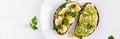 ndwich with avocado puree, boiled eggs and sandwich cream cheese, kiwi, nuts. Royalty Free Stock Photo