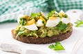 ndwich with avocado puree, boiled eggs and sandwich cream cheese, kiwi, nuts. Royalty Free Stock Photo