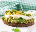 ndwich with avocado puree, boiled eggs and sandwich cream cheese, kiwi, nuts. Royalty Free Stock Photo