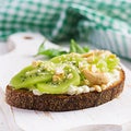 ndwich with avocado puree, boiled eggs and sandwich cream cheese, kiwi, nuts. Royalty Free Stock Photo