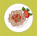 Vegetarian buckwheat pasta with tomato and mushrooms, gluten free diet dish, hand drawn graphic sketch Royalty Free Stock Photo