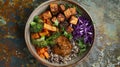 Vegetarian buddha bowl with quinoa, sweet potatoes, tofu, and fresh vegetables Royalty Free Stock Photo