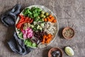 Vegetarian buddha bowl. Raw vegetables and quinoa in a one bowl. Vegetarian, healthy, detox food