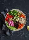 Vegetarian buddha bowl. Raw vegetables and quinoa in a one bowl. Vegetarian, healthy, detox food