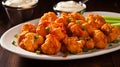 Vegetarian Buffalo Cauliflower Bites. Cauliflower buffalo wings with celery. AI Generative Royalty Free Stock Photo