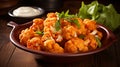 Vegetarian Buffalo Cauliflower Bites. Cauliflower buffalo wings with celery. AI Generative Royalty Free Stock Photo