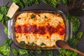 Vegetarian cannelloni or lasagna with spinach close up, tomato sauce, bachamel and cheese on a black background. Traditional Royalty Free Stock Photo