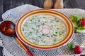 Vegetarian cold soup made of vegetables: potato, radish, dill, cucumber, with yogurt in a ceramic bowl. Traditional