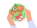 Vegetarian concept with healthy fresh diet showing a woman eating salad, bowl of greens and making a choice. Vector