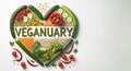 Vegetarian concept from vegetables, fruits and plant based protein food forms a heart-shaped, top view. Veganuary month long vegan