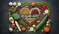 Vegetarian concept from vegetables, fruits and plant based protein food forms a heart-shaped, top view. Veganuary month long vegan Royalty Free Stock Photo