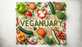 Vegetarian concept from vegetables, fruits and plant based protein food top view. Veganuary month long vegan commitment in January