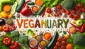 Vegetarian concept from vegetables, fruits and plant based protein food top view. Veganuary month long vegan commitment in January Royalty Free Stock Photo