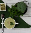 Vegetarian cream of broccoli, potato, onion, garlic, sesame and olive oil, and coconut milk soup. served in a white ceramic plate Royalty Free Stock Photo