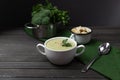 Vegetarian cream soup of broccoli, potatoes, onions, garlic, sesame and olive oil, and coconut milk served in white ceramic bowl. Royalty Free Stock Photo