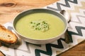 Vegetarian cream soup with leek, potatoes and green pea. Royalty Free Stock Photo