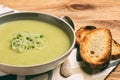 Vegetarian cream soup with leek, potatoes and green pea. Royalty Free Stock Photo