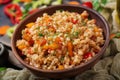 Vegetarian crumbly pearl barley porridge with vegetables Royalty Free Stock Photo