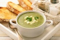 Vegetarian cuisine - spinach cream-soup with feta cheese.