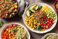 Vegetarian cuisine. Tasty Couscous with vegetables and spices, Bowls of healthy vegetarian lentil salad , Generative AI