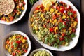Vegetarian cuisine. Tasty Couscous with vegetables and spices, Bowls of healthy vegetarian lentil salad , Generative AI
