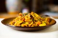 Vegetarian curry with noodle udon on plate