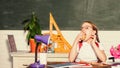 Vegetarian diet. small genius child in classroom. Lunch time. digital age with modern technology. small girl ready to Royalty Free Stock Photo