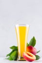 Vegetarian dieting drink - ripe fresh nectarines, green leaves and juice in elegant glass on white modern kitchen wood table, vert Royalty Free Stock Photo