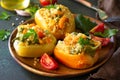 Vegetarian dish. Peppers stuffed with quinoa, shrimp  and vegetables Royalty Free Stock Photo