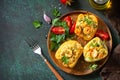 Vegetarian dish. Peppers stuffed with quinoa, shrimp and vegetables Royalty Free Stock Photo