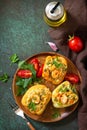 Vegetarian dish. Peppers stuffed with quinoa, shrimp and vegetables Royalty Free Stock Photo