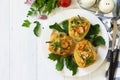 Peppers stuffed with quinoa, shrimp and vegetables on white wooden table. Top view flat lay background. Copy Royalty Free Stock Photo