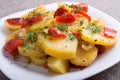 Vegetarian dish of stewed potatoes and bell peppers