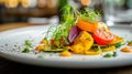 Vegetarian dish in the style of a gourmet restaurant, close-up on a beautiful plate. Photorealistic, background with bokeh effect