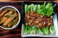 Vegetarian dish for vegans, bok choy sauce with mushrooms