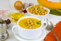 Vegetarian dishes. Pumpkin cream soup with chickpeas