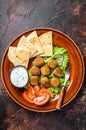 Vegetarian falafel with pita bread, fresh vegetables and sauce on a plate. Dark background. Top view Royalty Free Stock Photo