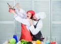 Vegetarian. family cook uniform. Dieting and vitamin. culinary cuisine. family of man and woman chef in restaurant Royalty Free Stock Photo