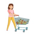 Vegetarian Female Purchasing at Greengrocery Pushing Shopping Cart with Fresh Vegetables Vector Illustration