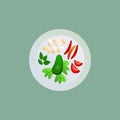 Vegetarian food. Boiled vegetables on a plate. Vector illustration.