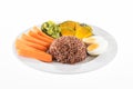 Vegetarian food, contains coarse rice, egg, carrot, pumpkin and