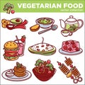 Vegetarian food dishes or vegan veggie menu vector isolated icons