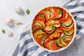 Vegetarian food. French cuisine. Ratatouille. Traditional homemade vegetable dish. Healthy nutrition. Top view, copy space. Recipe