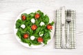 Vegetarian food and healthy lifestyle concept - spring salad with cherry tomato, mozzarella cheese and arugula on a white plate la Royalty Free Stock Photo