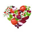 Vegetarian Food Heart Shape with Ripe Vegetables and Berries Vector Illustration